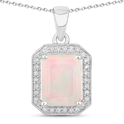 Opal-1.39 Carat Genuine Ethiopian Opal and Lab Grown Diamond .925 Sterling Silver Pendant