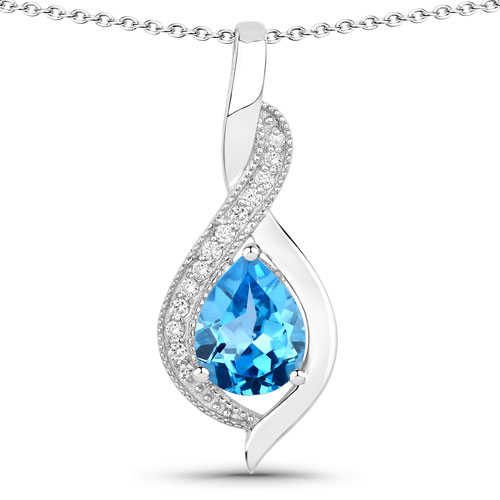Pendants-2.02 Carat Genuine Swiss Blue Topaz and Lab Grown Diamond .925 Sterling Silver Pendant