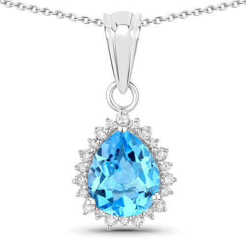 Pendants-2.85 Carat Genuine Swiss Blue Topaz and Lab Grown Diamond .925 Sterling Silver Pendant