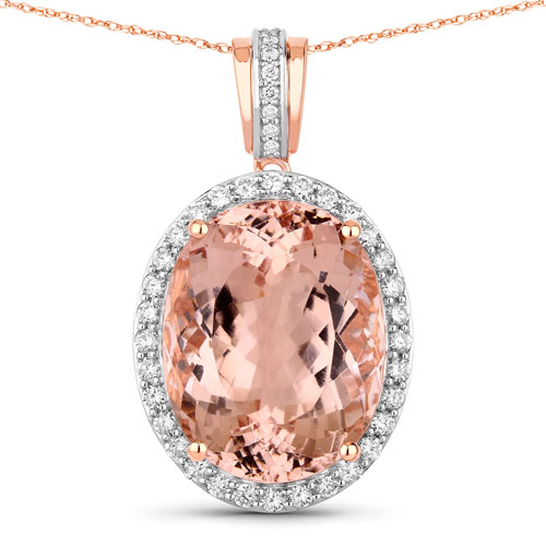 Pendants-16.40 Carat Genuine Morganite and White Diamond 14K Rose Gold Pendant