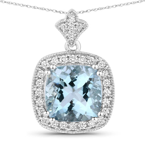 Aquamarine-3.31 Carat Genuine Aquamarine and White Diamond 14K White Gold Pendant