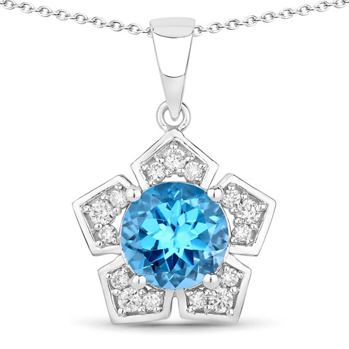 Pendants-4.08 Carat Genuine Swiss Blue Topaz and Lab Grown Diamond .925 Sterling Silver Pendant