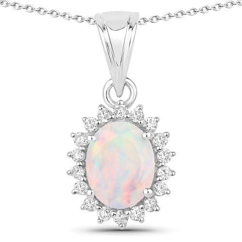 Opal-1.17 Carat Genuine Ethiopian Opal and Lab Grown Diamond .925 Sterling Silver Pendant