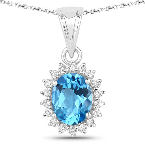 Pendants-2.27 Carat Genuine Swiss Blue Topaz and Lab Grown Diamond .925 Sterling Silver Pendant