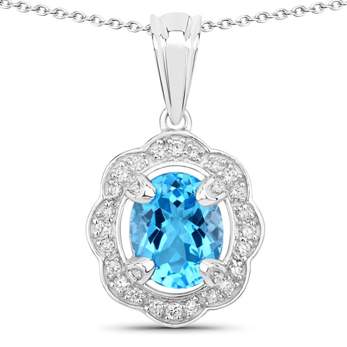 Pendants-2.87 Carat Genuine Swiss Blue Topaz and Lab Grown Diamond .925 Sterling Silver Pendant