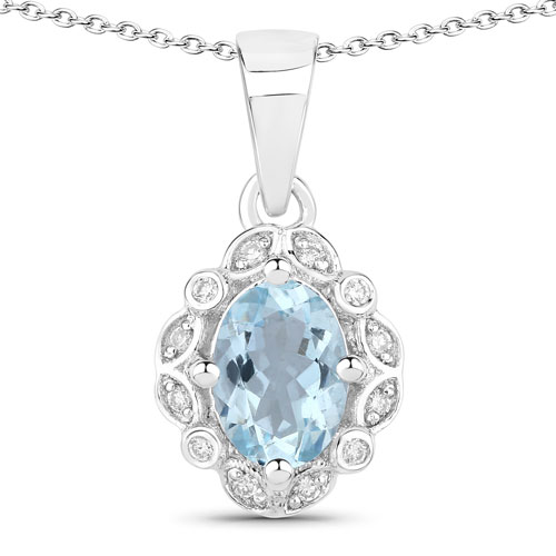 Aquamarine-0.66 Carat Genuine Aquamarine and Lab Grown Diamond .925 Sterling Silver Pendant