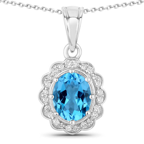 Pendants-2.79 Carat Genuine Swiss Blue Topaz and Lab Grown Diamond .925 Sterling Silver Pendant