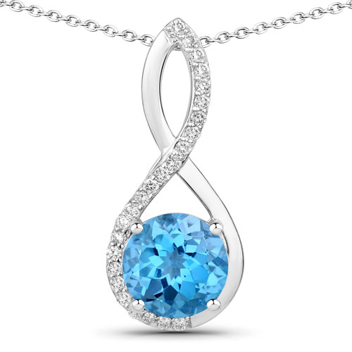 Pendants-3.99 Carat Genuine Swiss Blue Topaz and Lab Grown Diamond .925 Sterling Silver Pendant