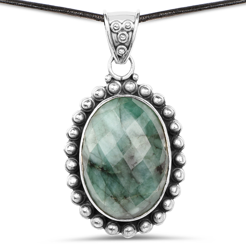 Emerald-25.10 Carat Genuine Emerald .925 Sterling Silver Pendant