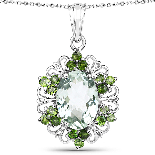 Amethyst-6.47 Carat Genuine Green Amethyst and Chrome Diopside .925 Sterling Silver Pendant