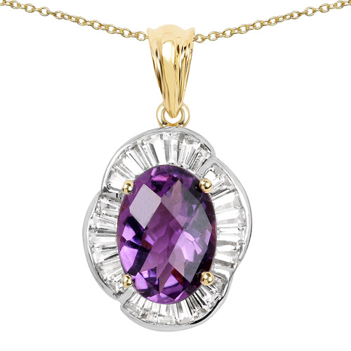 14K Yellow Gold Plated 6.43 Carat Genuine Amethyst and White Topaz .925 Sterling Silver Pendant