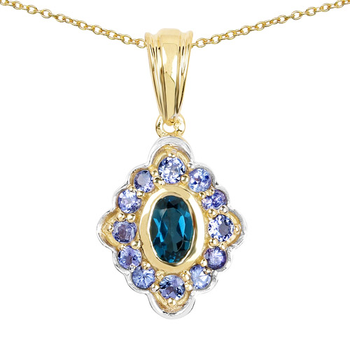 Pendants-14K Yellow Gold Plated 1.10 Carat Genuine London Blue Topaz and Tanzanite .925 Sterling Silver Pendant