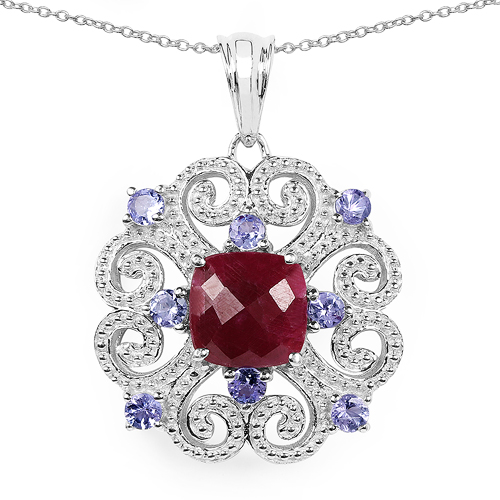 Ruby-4.45 Carat Dyed Ruby & Tanzanite .925 Sterling Silver Pendant