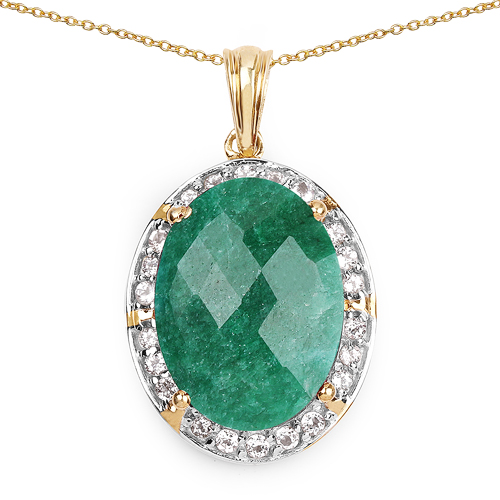 Emerald-14K Yellow Gold Plated 14.38 Carat Dyed Emerald & White Topaz .925 Sterling Silver Pendant