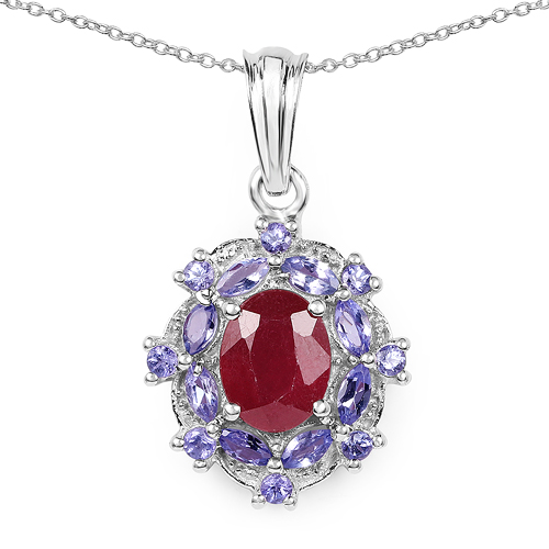 Ruby-3.22 Carat Genuine Glass Filled Ruby & Tanzanite .925 Sterling Silver Pendant