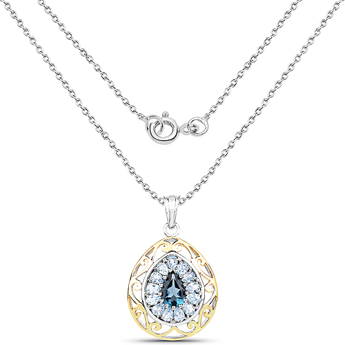 18K Yellow Gold Plated 4.44 Carat Genuine London Blue Topaz and Blue Topaz .925 Sterling Silver Pendant