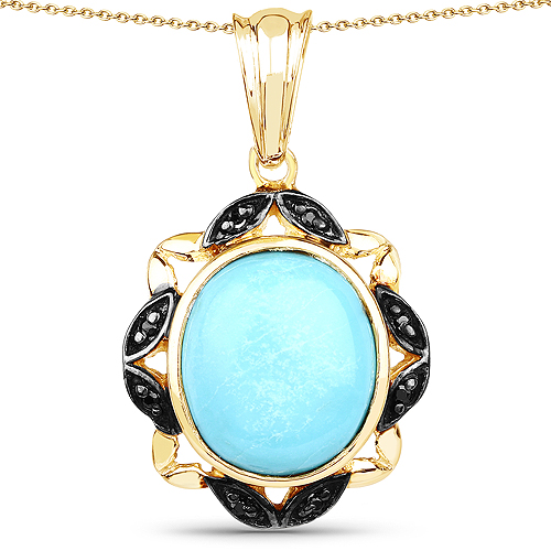 Pendants-14K Yellow Gold Plated 7.33 Carat Genuine Turquoise and Black Spinel .925 Sterling Silver Pendant