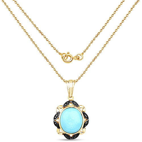 14K Yellow Gold Plated 7.33 Carat Genuine Turquoise and Black Spinel .925 Sterling Silver Pendant