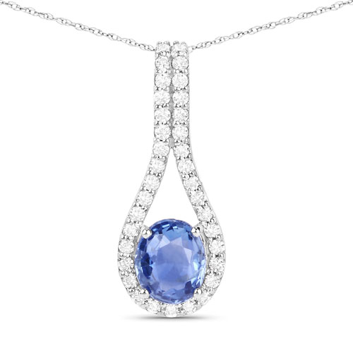 Sapphire-1.29 Carat Genuine Blue Sapphire and White Diamond 14K White Gold Pendant