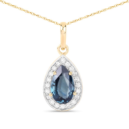 Sapphire-1.53 Carat Genuine Greenish Blue Sapphire and White Diamond 14K Yellow Gold Pendant