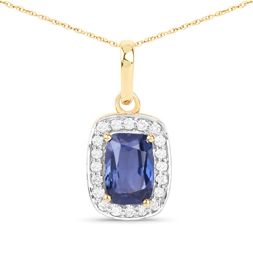 Sapphire-1.22 Carat Genuine Blue Sapphire and White Diamond 14K Yellow Gold Pendant