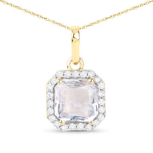 Sapphire-1.63 Carat Genuine White Sapphire and White Diamond 14K Yellow Gold Pendant