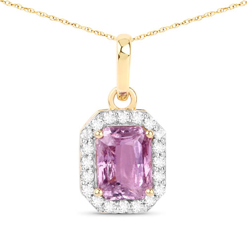 Sapphire-1.65 Carat Genuine Pink Sapphire and White Diamond 14K Yellow Gold Pendant