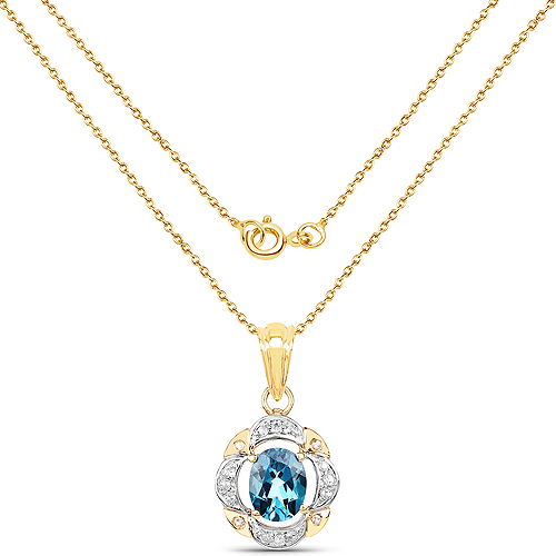 14K Yellow Gold Plated 2.22 Carat Genuine London Blue Topaz and White Topaz .925 Sterling Silver Pendant
