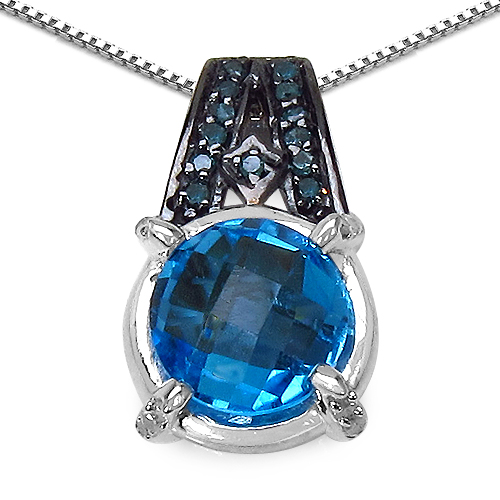 Pendants-4.94 Carat Genuine Swiss Blue Topaz, Blue Diamond & White Diamond .925 Sterling Silver Pendant