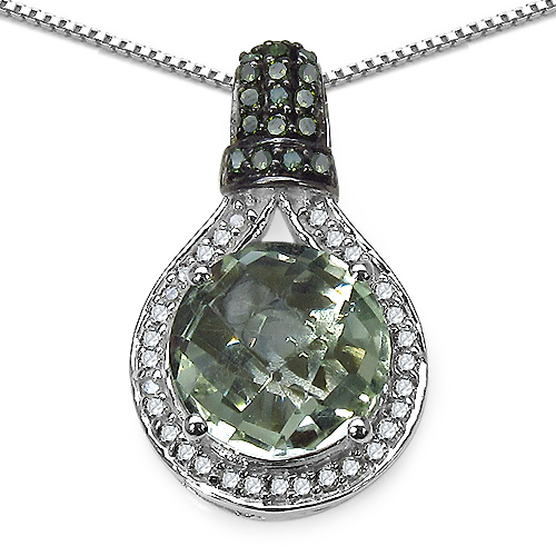 Amethyst-4.03 Carat Genuine Green Amethyst, Green Diamond & White Diamond .925 Sterling Silver Pendant