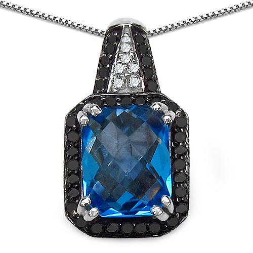 Pendants-4.35 Carat Genuine Swiss Blue Topaz, Black Diamond & White Diamond .925 Sterling Silver Pendant