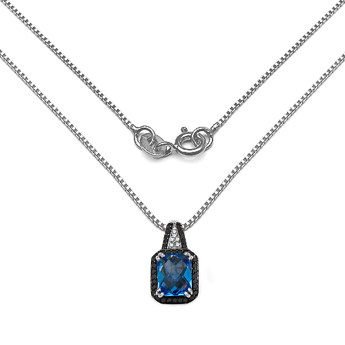 4.35 Carat Genuine Swiss Blue Topaz, Black Diamond & White Diamond .925 Sterling Silver Pendant