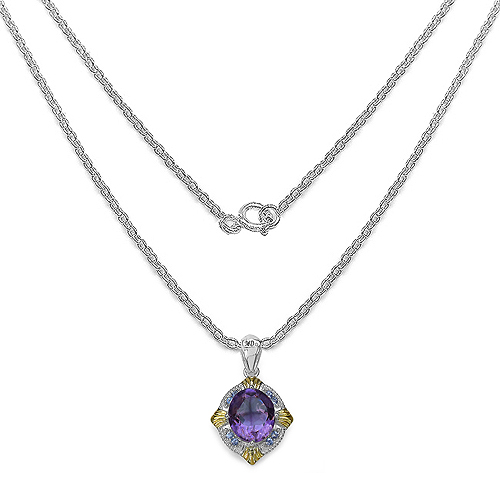 5.57 Carat Genuine Amethyst, Tanzanite & White Diamond .925 Sterling Silver Pendant