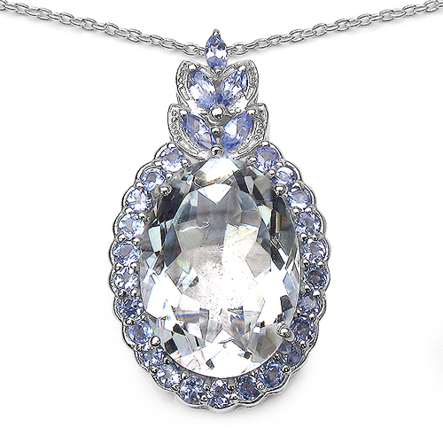 Pendants-12.82 Carat Genuine Crystal Quartz, Tanzanite & White Diamond .925 Sterling Silver Pendant