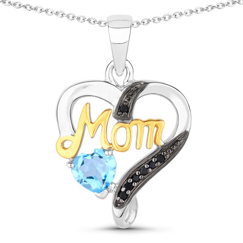 Pendants-0.57 Carat Genuine Swiss Blue Topaz and Black Spinel .925 Sterling Silver Pendant