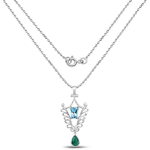 9.23 Carat Genuine Emerald and Swiss Blue Topaz .925 Sterling Silver Pendant