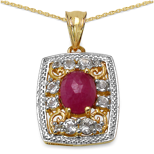 14K Yellow Gold Plated 3.68 Carat Genuine Pink Sapphire & White Topaz .925 Sterling Silver Pendant