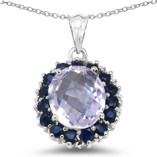 Amethyst-5.69 Carat Genuine Pink Amethyst, Blue Sapphire & White Diamond .925 Sterling Silver Pendant