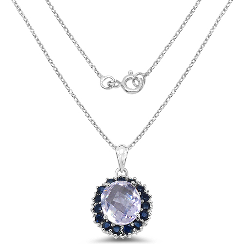 5.69 Carat Genuine Pink Amethyst, Blue Sapphire & White Diamond .925 Sterling Silver Pendant