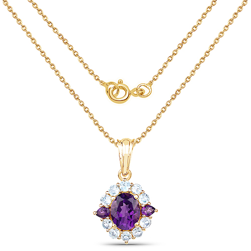 14K Yellow Gold Plated 3.70 Carat Genuine Amethyst and Blue Topaz .925 Sterling Silver Pendant
