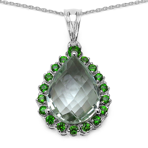 Amethyst-8.20 Carat Genuine Green Amethyst and Chrome Diopside .925 Sterling Silver Pendant