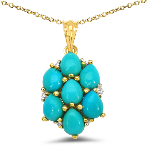 Pendants-14K Yellow Gold Plated 2.51 Carat Genuine Turquoise & White Topaz .925 Sterling Silver Pendant