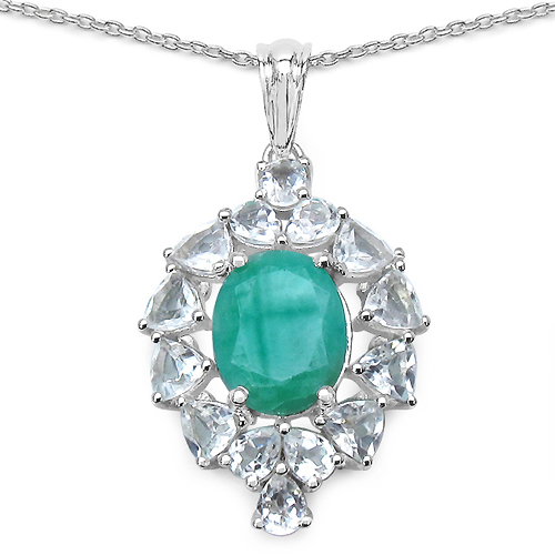 Emerald-6.64 Carat Genuine Emerald and White Topaz .925 Sterling Silver Pendant