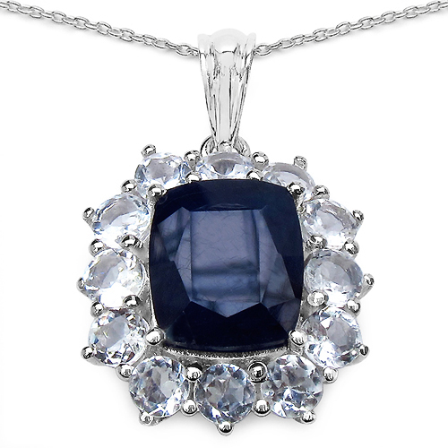 Sapphire-9.06 Carat Dyed Sapphire and White Topaz .925 Sterling Silver Pendant