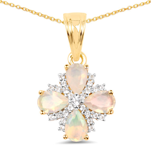 Opal-14K Yellow Gold Plated 1.19 Carat Genuine Ethiopian Opal and White Topaz .925 Sterling Silver Pendant