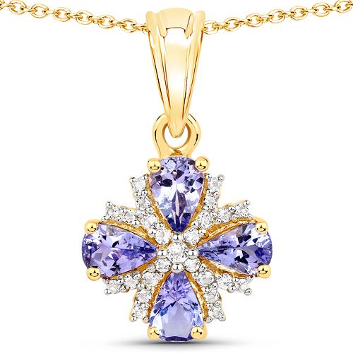 18K Yellow Gold Plated 1.67 Carat Genuine Tanzanite and White Topaz .925 Sterling Silver Pendant