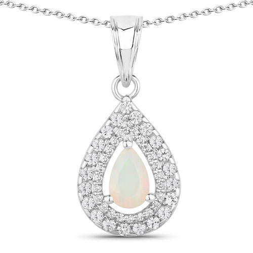 Opal-1.31 Carat Genuine Ethiopian Opal and Created White Sapphire .925 Sterling Silver Pendant