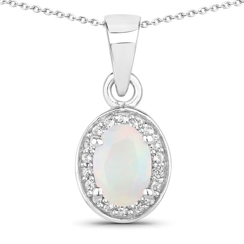 Opal-0.46 Carat Genuine Ethiopian Opal and Created White Sapphire .925 Sterling Silver Pendant
