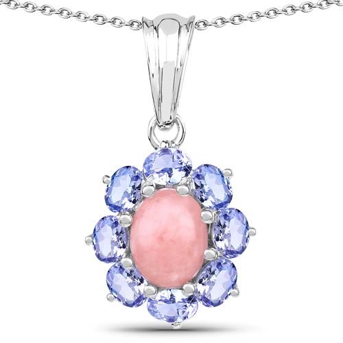 Pendants-2.46 Carat Genuine Pink Opal and Tanzanite .925 Sterling Silver Pendant