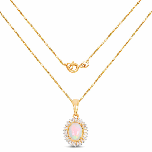1.58 Carat Genuine Ethiopian Opal and White Diamond 14K Yellow Gold Pendant